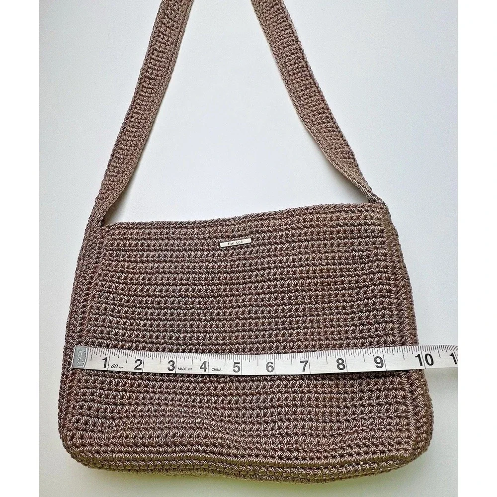 The Sak Purse Womens Brown Crochet Shoulder Bag Pockets Zip